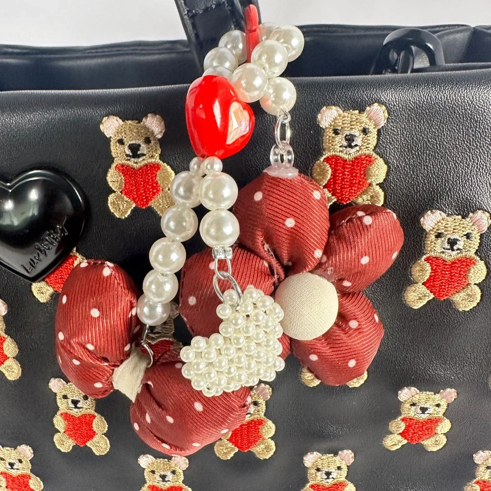 Betsey Johnson Tote Bag Women Black Embroidered Teddy Bear Heart Crossbody